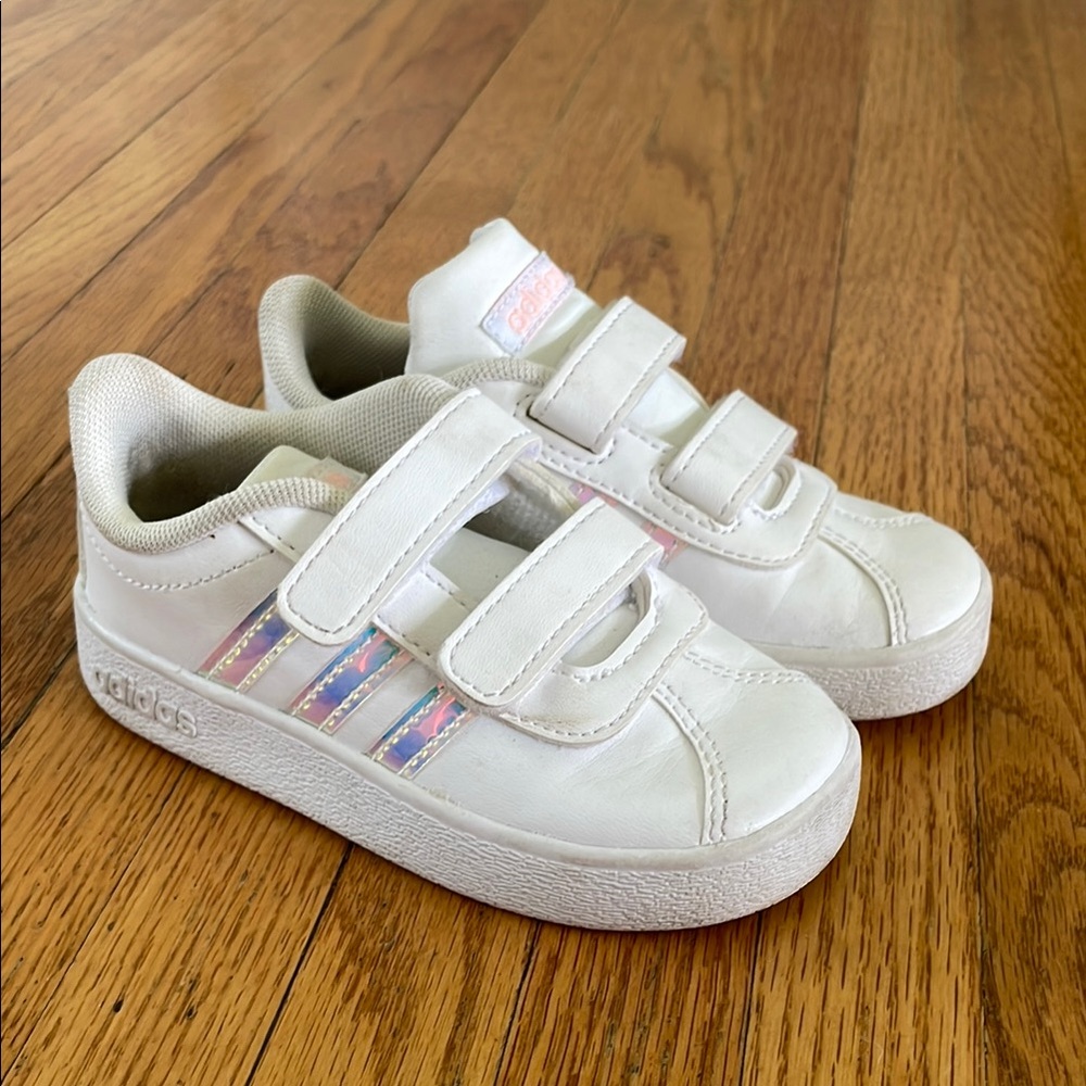 Adidas Kids White Sneakers with Iridescent Stripes
